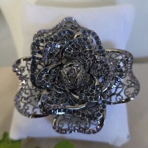 Vintage Statement Silver Blue Rhinestone Rose Flower Brooch Pin